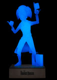Blue silhouette figure on a wooden base with 'Haunted Mansion' branding against a black background
