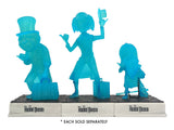 Blue silhouette figures of characters from 'The Haunted Mansion' on a white background