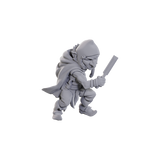 Gray figurine of a warrior holding a sword on a white background