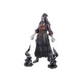 Action figure with dark, detailed costume on a white background