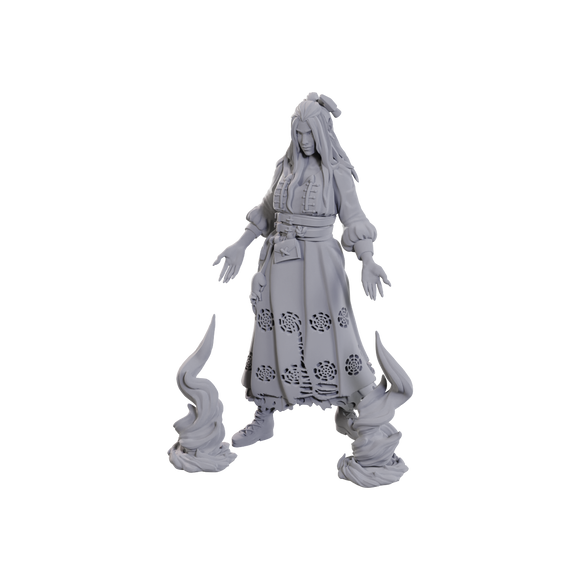 Gray figurine of a character with long hair and flowing robes on a white background