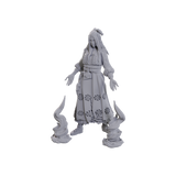 Gray figurine of a character with long hair and flowing robes on a white background