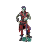 Action figure with green skin, red and black outfit, and purple accents on a white background