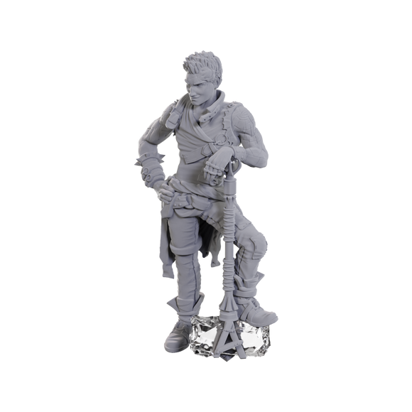 Gray figurine of a character holding a weapon on a white background