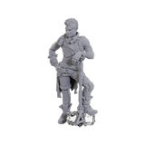 Gray figurine of a character holding a weapon on a white background