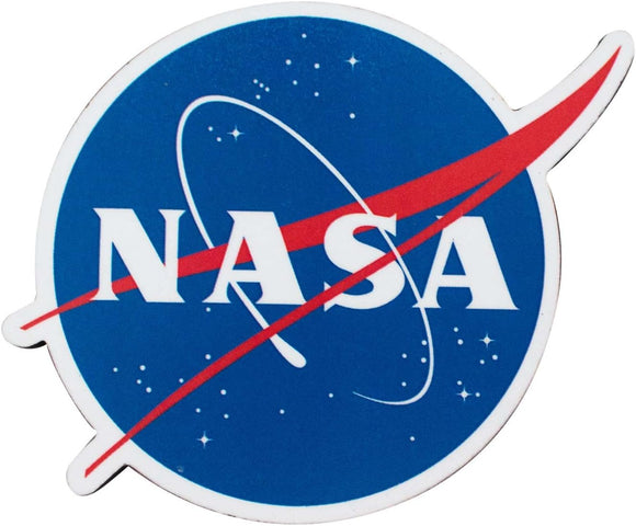 NASA logo on a blue background with red and white elements