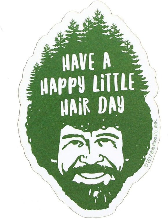 Sticker with a face and text 'Have a happy little hair day' on a green background