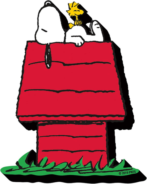 Cartoon doghouse with Snoopy and Woodstock on top, featuring a red roof and green base.