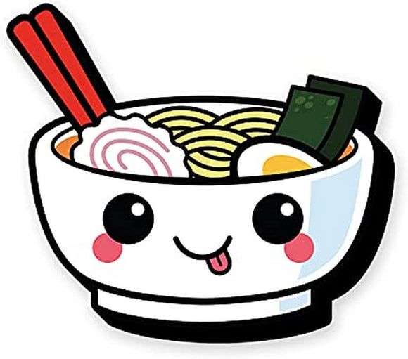 Cartoon bowl of ramen with a happy face on a white background