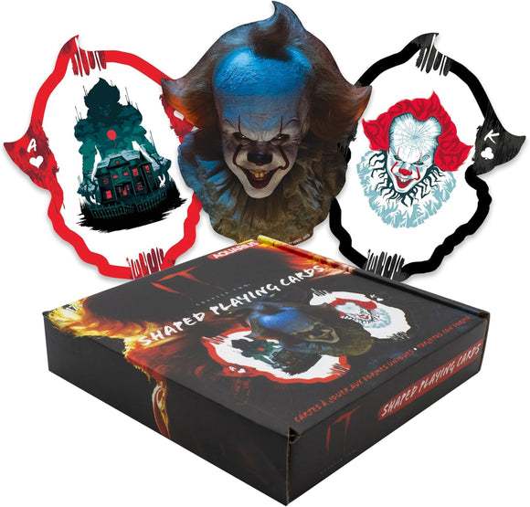 Shaped playing cards with clown designs on a white background