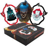 Shaped playing cards with clown designs on a white background