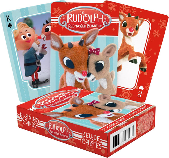Playing cards with Rudolph the Red-Nosed Reindeer design on a white background