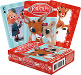 Playing cards with Rudolph the Red-Nosed Reindeer design on a white background