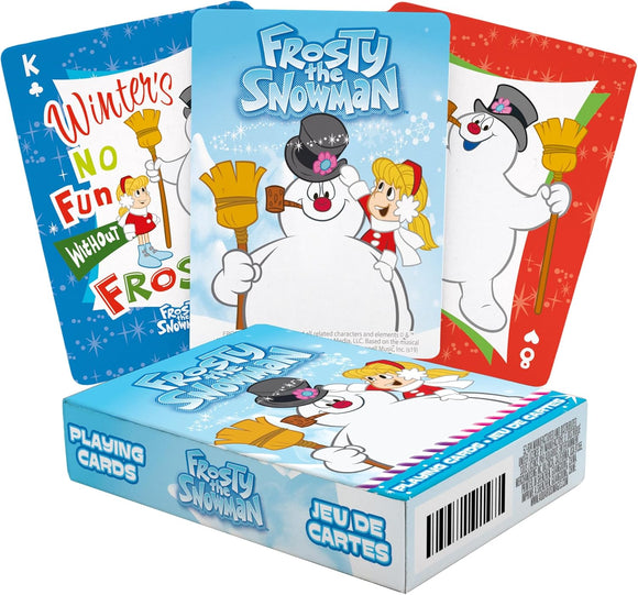 Frosty the Snowman playing cards with colorful packaging featuring the character and text.