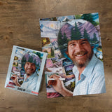 Jigsaw puzzle with a collage of images featuring a man and nature scenes on a wooden surface.