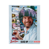 Bob Ross puzzle packaging with images of landscapes and Bob Ross holding a paintbrush.