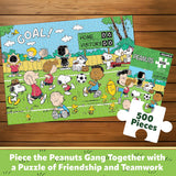 Peanuts-themed puzzle with characters playing soccer on a wooden surface