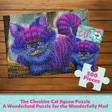 Jigsaw puzzle of a colorful Cheshire Cat with a piece missing, on a wooden surface.