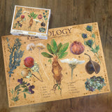 Herbology-themed puzzle with illustrations of plants on a wooden surface