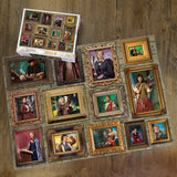 Collection of framed portraits on a wooden surface with a puzzle box labeled '1000 Pieces' in the top left corner.