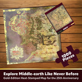 Gold Edition heat-stamped map puzzle for 'Middle-earth' on a wooden surface