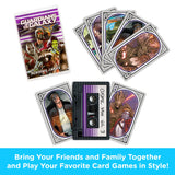 Set of 'Guardians of the Galaxy' playing cards with a cassette tape in the center on a white background.
