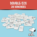 Double-six 28 dominoes set with Snoopy illustration on a blue background