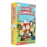 Peanuts Family Dominoes game box with cartoon characters on a white background