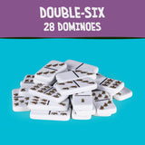 Double-six 28 dominoes set on a blue background with purple banner at the top.