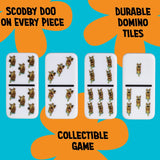 Domino tiles with Scooby Doo on every piece against a blue background with orange accents.