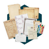 Collection of vintage-style papers and cards on a teal background