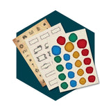 Three sheets of stamps with different designs on a green hexagonal background