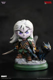 Figurine of a Drizzt with white hair and purple eyes, accompanied by a black dog, on a dark background.