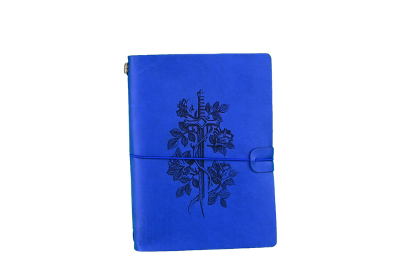 Blue notebook with floral design on a white background