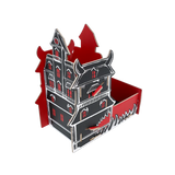 Dice tower house with red and black design on a white background