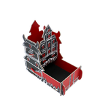 Red and black castle-shaped box on a white background