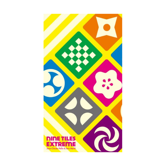 Colorful packaging of Nine Tiles Extreme game with geometric patterns on a white background