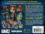 Back of a board game box with character cards and promotional text on a blue background
