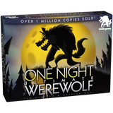 Board game box for 'One Night Ultimate Werewolf' with a werewolf silhouette against a moonlit sky.