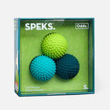 Packaging of Speks soft silicone fidget magnets with green, blue, and black balls on a white background.