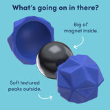 Blue and black textured object with text explaining features on a blue background