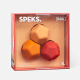 Speks product packaging with two orange and one red speks on a white background