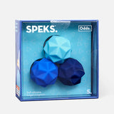 Speks product packaging with blue and navy items on a white background