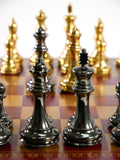 Chess Set - Solid Brass Double Queens Chessmen on Burgundy & Gold Faux Leather Chess Board