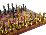 Chess Set - Solid Brass Double Queens Chessmen on Burgundy & Gold Faux Leather Chess Board