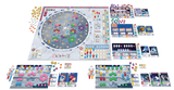 Board game components including a large central board with various pieces and cards on a white background