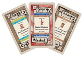 Three illustrated cards fanned out on a white background: Coffee, Alcohol, and Tobacco. Each card has a vintage medical-style design with a beige border, cream center panel, and colored side panels in blue, teal, brown, and red.