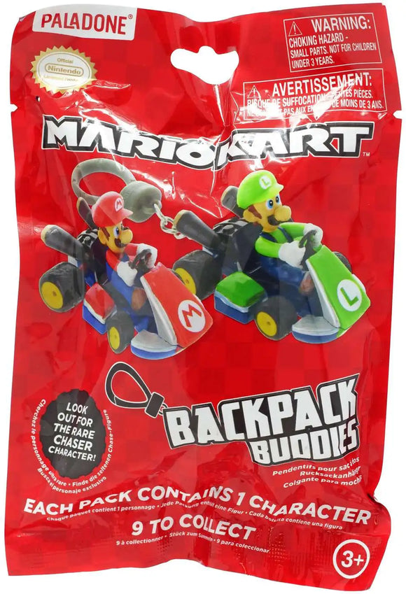 Red packaging of Backpack Buddies with Mario Kart characters on a red background