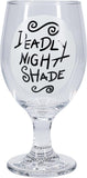A clear glass wine glass with the phrase 'DEADLY NIGHT SHADE' printed in black stylized lettering on the front, shown against a plain white background.