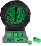 Glowing green clock with black hands, surrounded by barbed wire, on a white background.